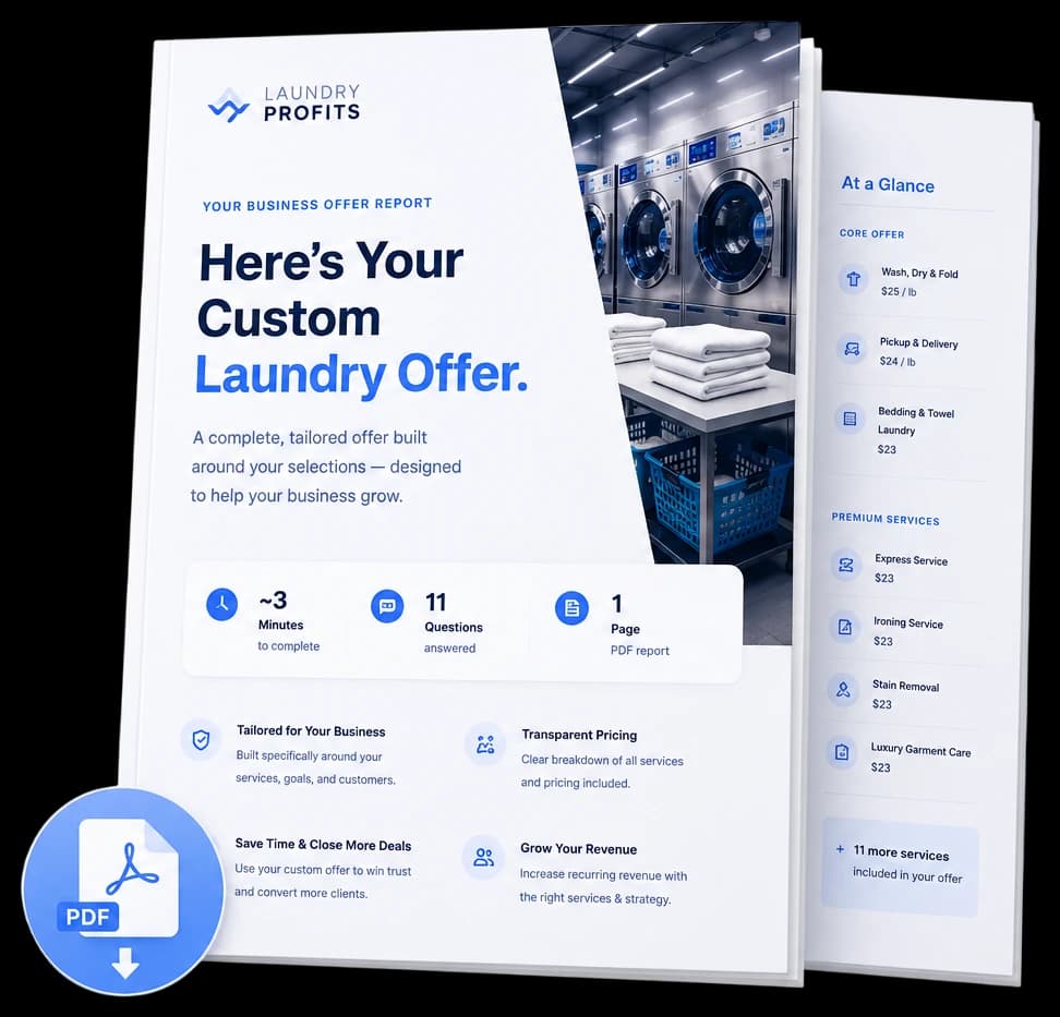 Preview of the Laundry Profits offer report — a one-page PDF showing your services and pricing at a glance